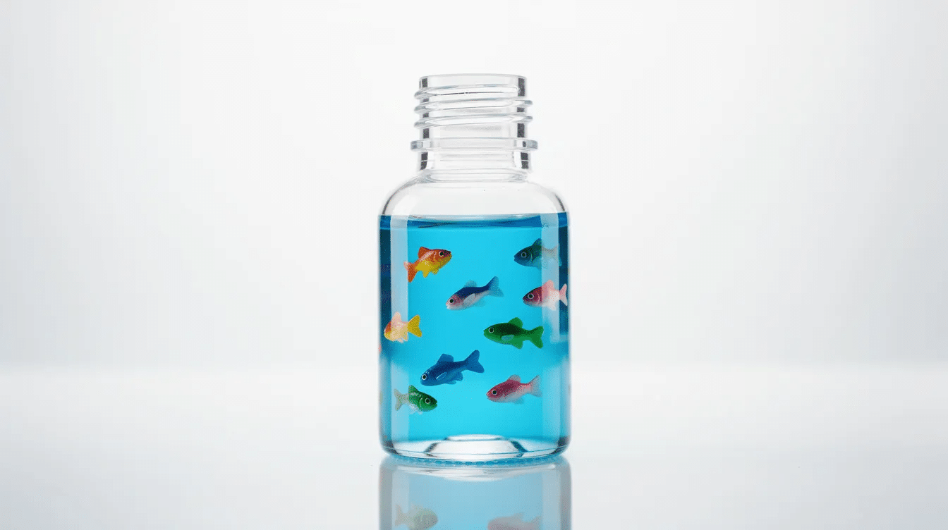 71551e19-8816-46f6-829a-f1343742468a The image depicts a small plastic ocean sensory bottle filled with blue liquid and featuring colorful toy fish inside. This DIY sensory bottle offers a calming visual experience, perfect for toddlers to explore and enjoy.