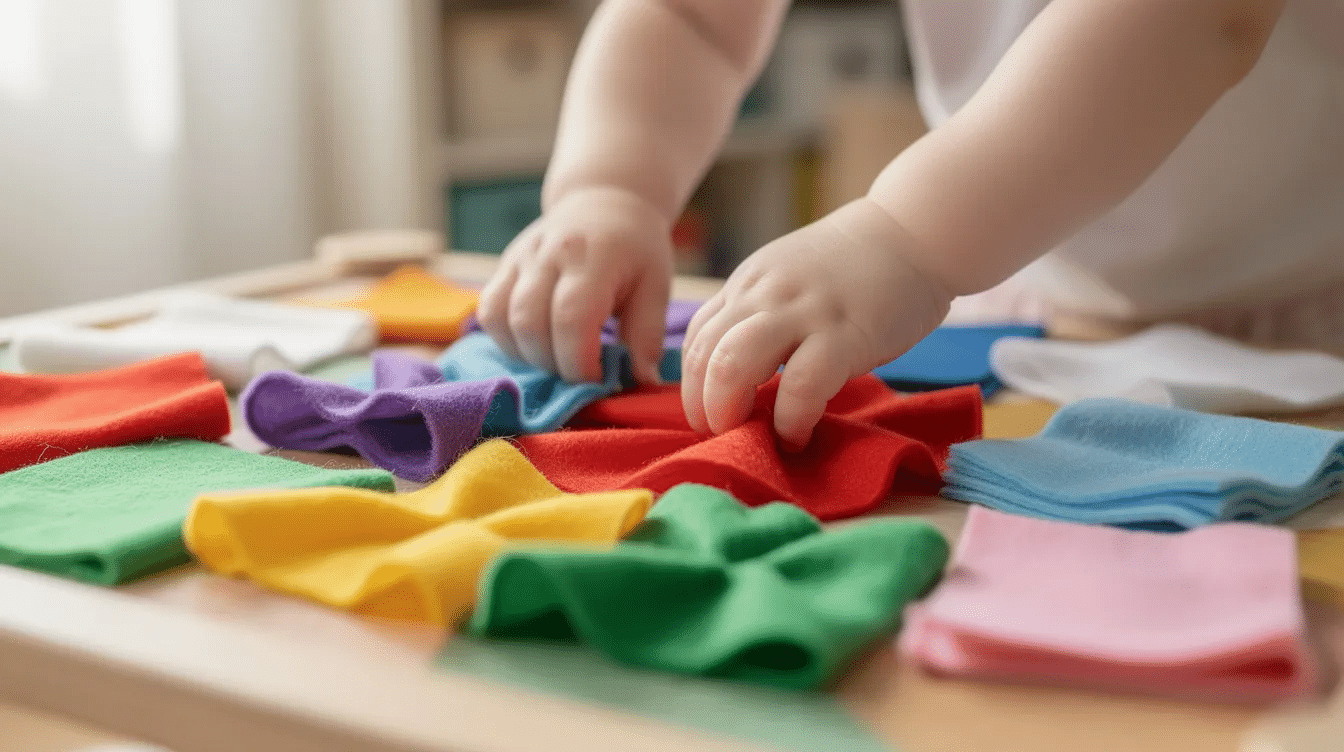 73391017-435d-4f2b-aafd-0919ec952b53 A toddler's hands are joyfully exploring a variety of colorful soft fabric pieces on a craft table, including old t-shirts and fabric scraps, perfect for creative projects. The bright colors and textures invite imaginative play, showcasing a wonderful way to give new life to old clothes.