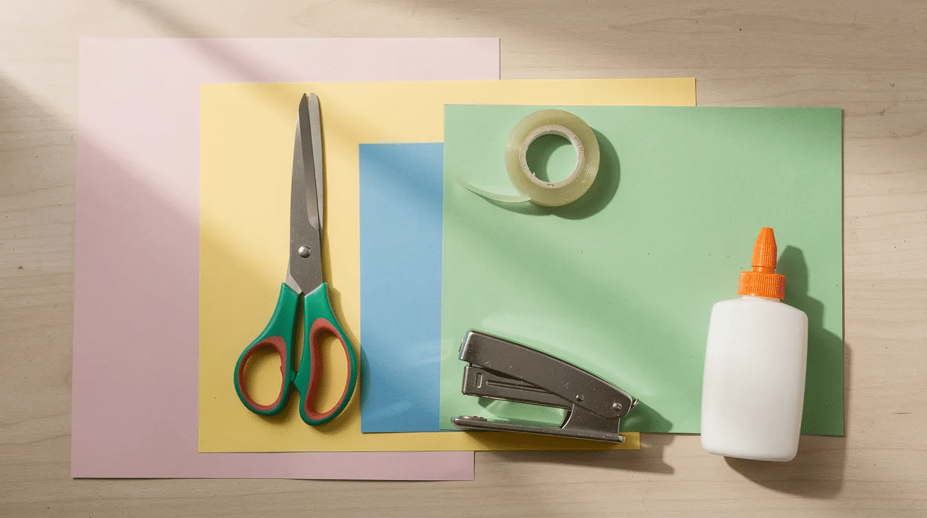 733abc27-a6df-4aee-9348-000a73128932 A flat lay image features colorful paper strips in various shades, alongside scissors, tape, glue, and a stapler on a craft table, all set up for creating a vibrant paper chain garland. This arrangement suggests a fun crafting session, perfect for birthday party decorations or holiday decor.