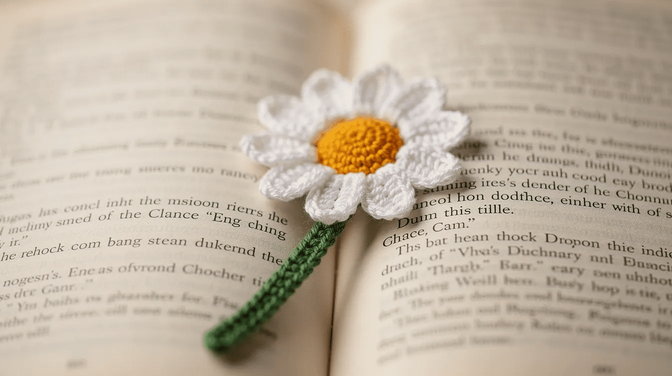 757d20c3-ea5f-4846-80d7-58003bbc7e47 A crocheted daisy bookmark, featuring vibrant flower petals and a delicate leaf, is resting on the cream pages of an open book, adding a touch of handmade charm to the reading experience. This beautiful bookmark is an example of an easy crochet pattern, perfect for book lovers and a great scrap busting project.