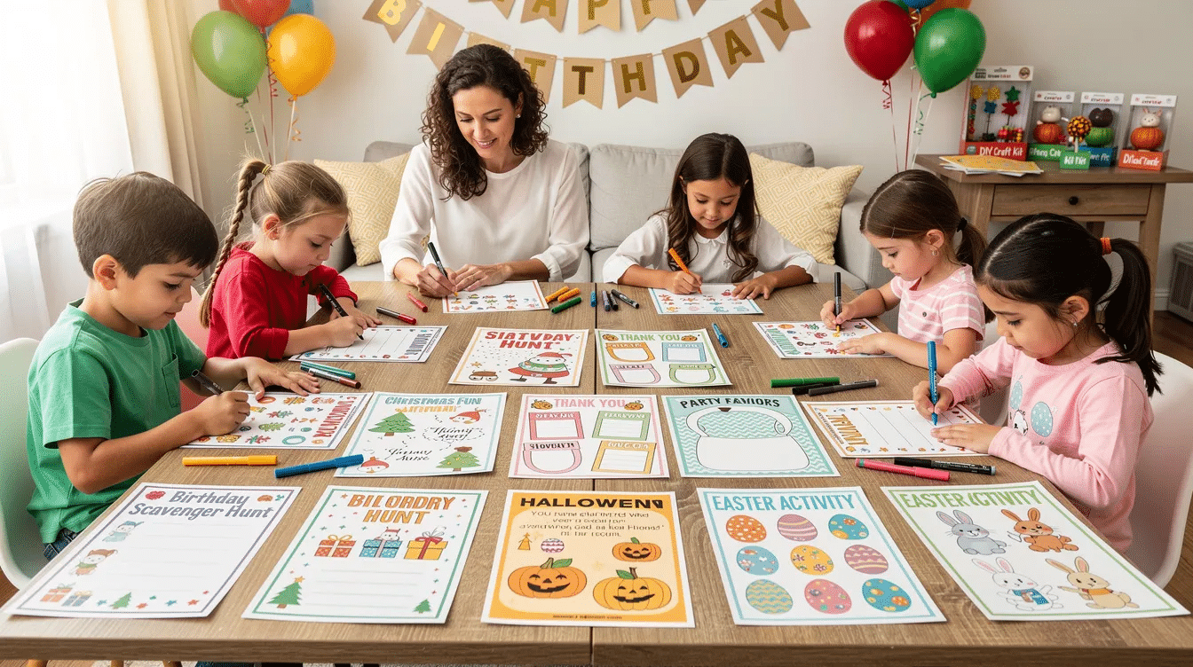 7639b50e-e2a5-4d67-b8be-75d482ff7c6c The image showcases a variety of colorful printable activity sheets designed for party and celebration activities, including birthday games, scavenger hunts, and holiday-themed pages. These resources encourage kids to engage in fun activities that promote learning and social emotional skills, making them perfect for family gatherings and celebrations at home.