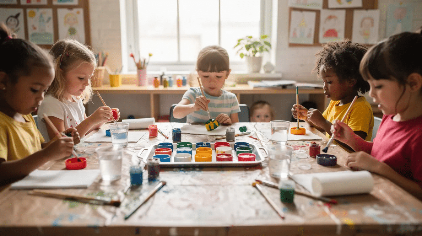 7866eb5a-57aa-4ad0-8493-ba209c1a8b83 A group of children joyfully painting colorful plastic bottle caps at a craft table, surrounded by various paints and brushes, showcasing their creativity through fun bottle cap crafts. The scene captures their excitement as they transform old bottle caps into beautiful art pieces.