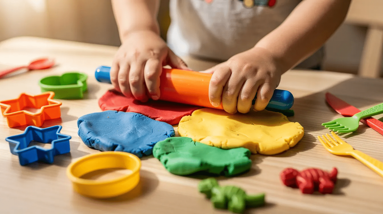 797d4247-a9e8-4581-83f9-97d0a7292f1b A child's hands are rolling vibrant, homemade playdough with cookie cutters and toy utensils on a surface covered with wax paper. The playdough features vivid colors, showcasing the fun and imaginative play that kids love.