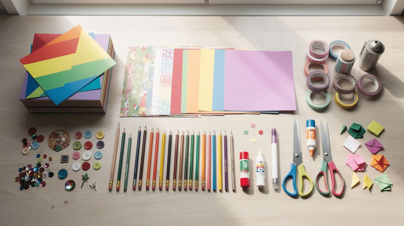 79b7dc1c-ddfd-45ac-88a4-2f8efc0999bb A vibrant assortment of colorful paper craft supplies is neatly arranged on a table, including construction paper, stickers, and ribbons, perfect for making DIY birthday party hats. The materials are ready for creative hands to transform them into fun, cone-shaped party hats for kids' birthdays and classroom celebrations.