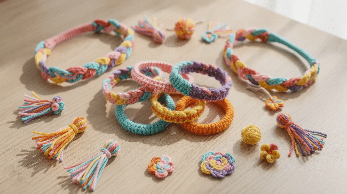 7aa28983-7234-4bbf-a614-fc75693b57f7 The image features a vibrant assortment of finger knitted bracelets, headbands, and yarn decorations arranged on a table, showcasing a fun and easy craft perfect for kids. The colorful knitted cords highlight the creative process of finger knitting, making it an engaging activity for young crafters.