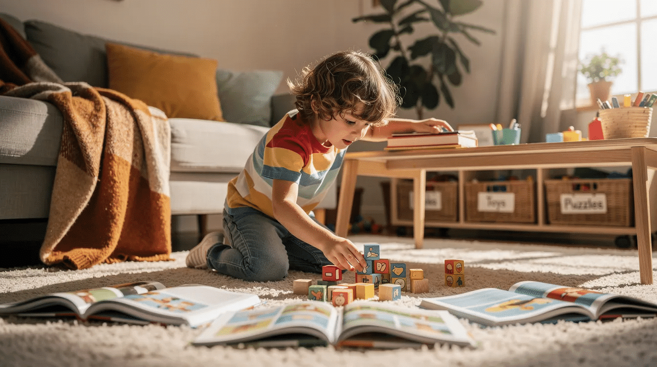 7ae335db-815f-443f-8ff2-0f973028d75c A child is exploring a cozy living room, engaging in an indoor learning activity that involves searching for sight word flashcards hidden around the space. The activity encourages the child to practice sight words and enhances their learning through playful exploration.
