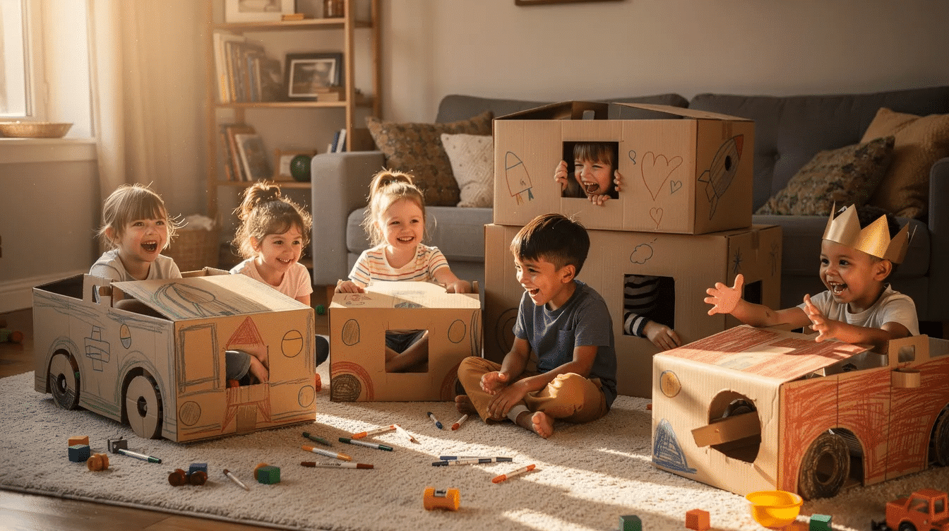 7ce3b114-212c-4385-a0c2-afa450020ce8 A group of children are joyfully playing with cardboard boxes indoors, using their little imagination to create an obstacle course and pretend houses. This fun activity keeps the kids entertained on a rainy day, filling the room with laughter and creativity.