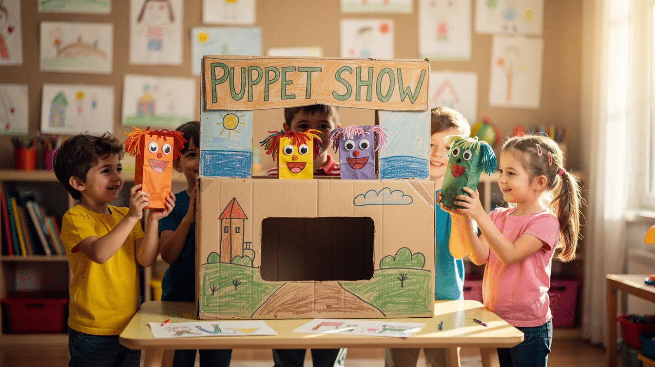 816581a8-21a4-47a0-a190-8675f2a90f90 A group of children is joyfully performing a puppet show with colorful paper bag puppets behind a small cardboard stage, showcasing their creativity and imagination. The simple puppets, adorned with googly eyes and drawn facial features, illustrate the fun of pretend play using basic craft supplies like construction paper and glue.