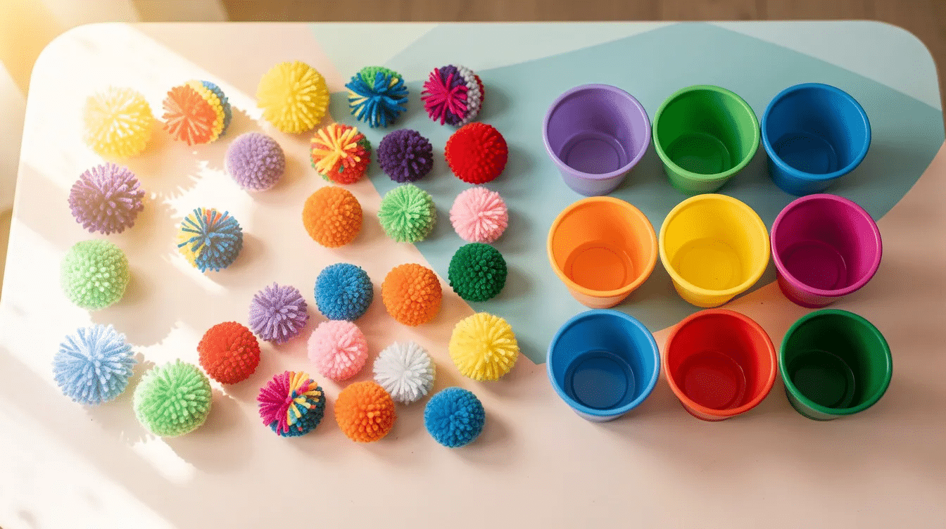 847c81df-e788-4977-9c36-4960b30d2234 A child-friendly table is filled with colorful pom poms and numbered cups, creating an engaging space for preschoolers to practice counting activities and fine motor skills. This hands-on learning setup encourages children to match the correct number of pom poms to each cup, fostering number recognition and color sorting in a fun way.