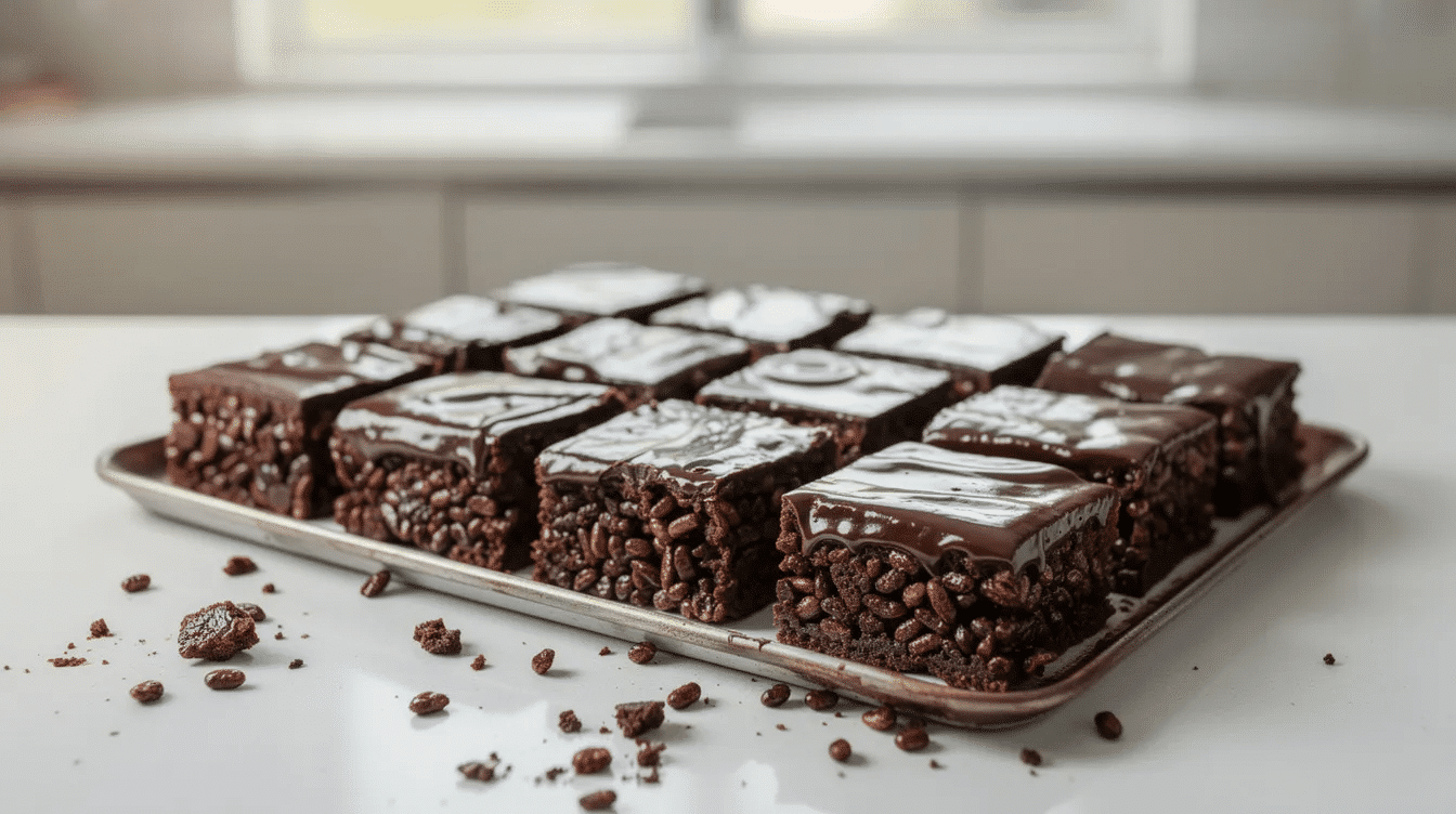 851fc06f-0ada-40b9-8930-40b18236d1f0 A tray of glossy chocolate rice crispy cake squares is displayed on a kitchen counter, showcasing a delicious arrangement of treats made with melted chocolate, rice krispies, and mini marshmallows. The squares have a shiny surface and are cut into even pieces, inviting chocolate lovers to enjoy this no-bake sweet treat.