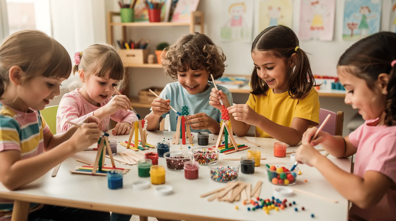 86d3c543-8ec5-4f21-b6f8-9bccb28fa725 A group of children is engaged in crafting with colorful popsicle sticks, paint, and various decorations on a table, creating imaginative structures like a popsicle stick fairy house. This fun activity helps develop their fine motor skills while encouraging creativity and imaginative play.