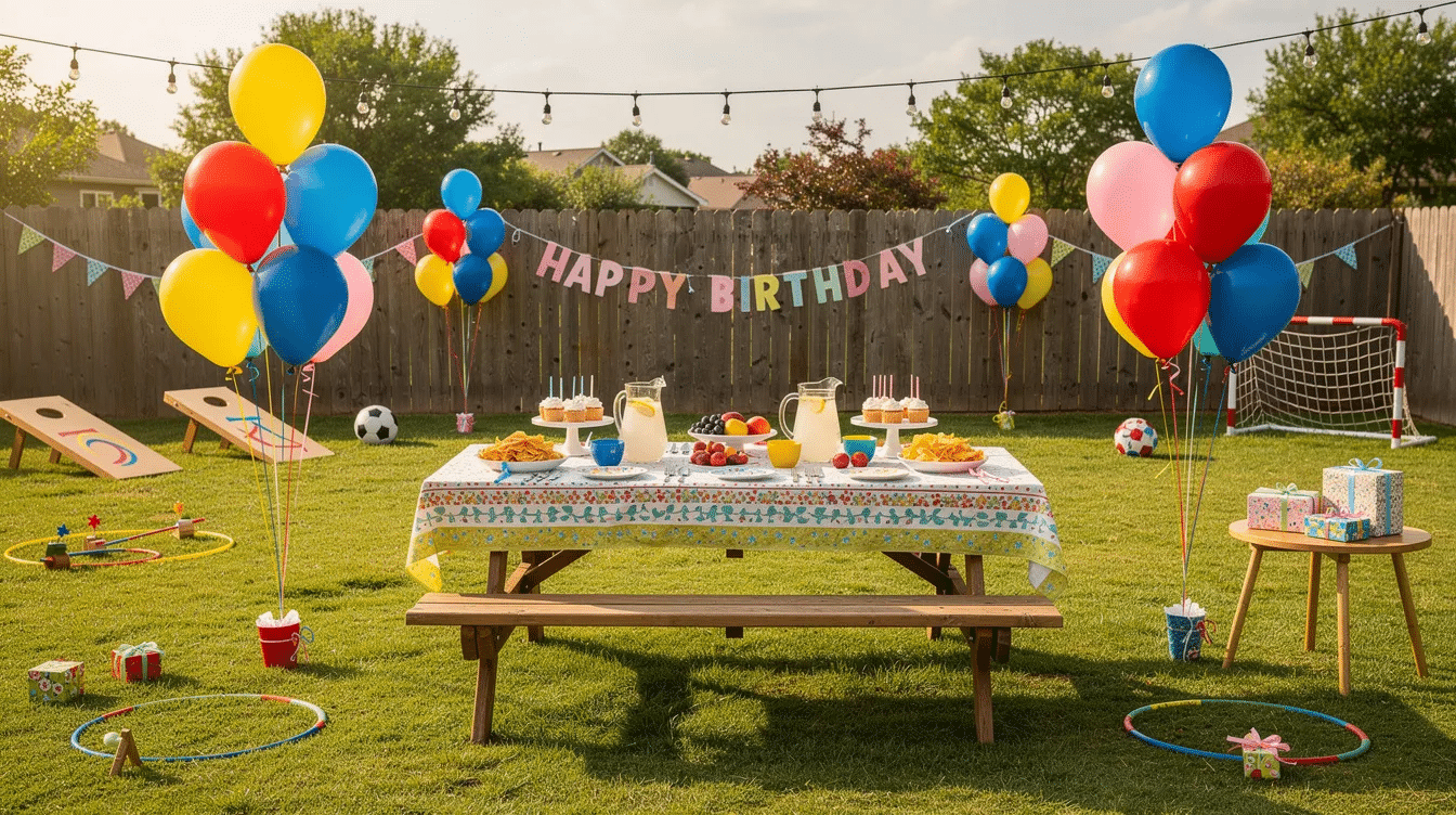 877ad2e3-32f8-41e0-b2c7-3b840100730a The image depicts a vibrant backyard setup for a kids' birthday party, featuring colorful balloons, a table laden with snacks like fruit skewers and popcorn, and various outdoor games such as musical chairs and freeze tag. This festive scene is designed for an unforgettable celebration, perfect for making memories with close friends and family while staying budget-friendly.