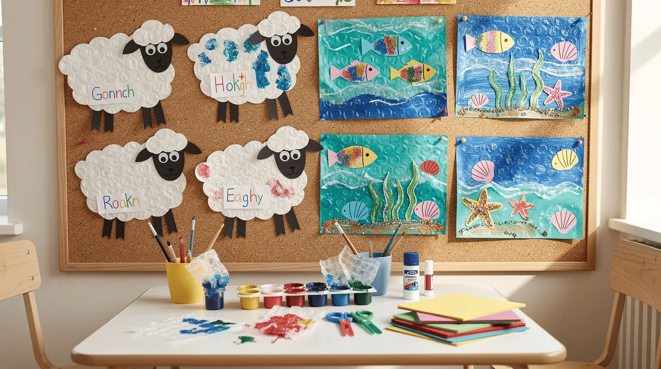 88544860-8dde-402d-b996-494ef46d0d61 The image showcases various kids' art projects featuring bubble wrap textures, including playful sheep shapes and vibrant ocean-themed crafts made with colorful prints on kraft paper. The scene captures the fun and creativity of an art activity where children explore alternative ways to create using bubble wrap painting techniques and other materials.