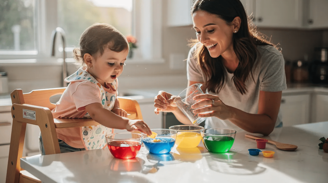 886231fc-2821-4297-8622-3b35c7b13f56 A toddler and an adult are engaged in a colorful kitchen science activity, using bowls and cups filled with various liquids and household ingredients like baking soda, food coloring, and dish soap. They are observing the chemical reactions as colors swirl and mix, creating a fun and engaging way to introduce children to simple science experiments and critical thinking skills.