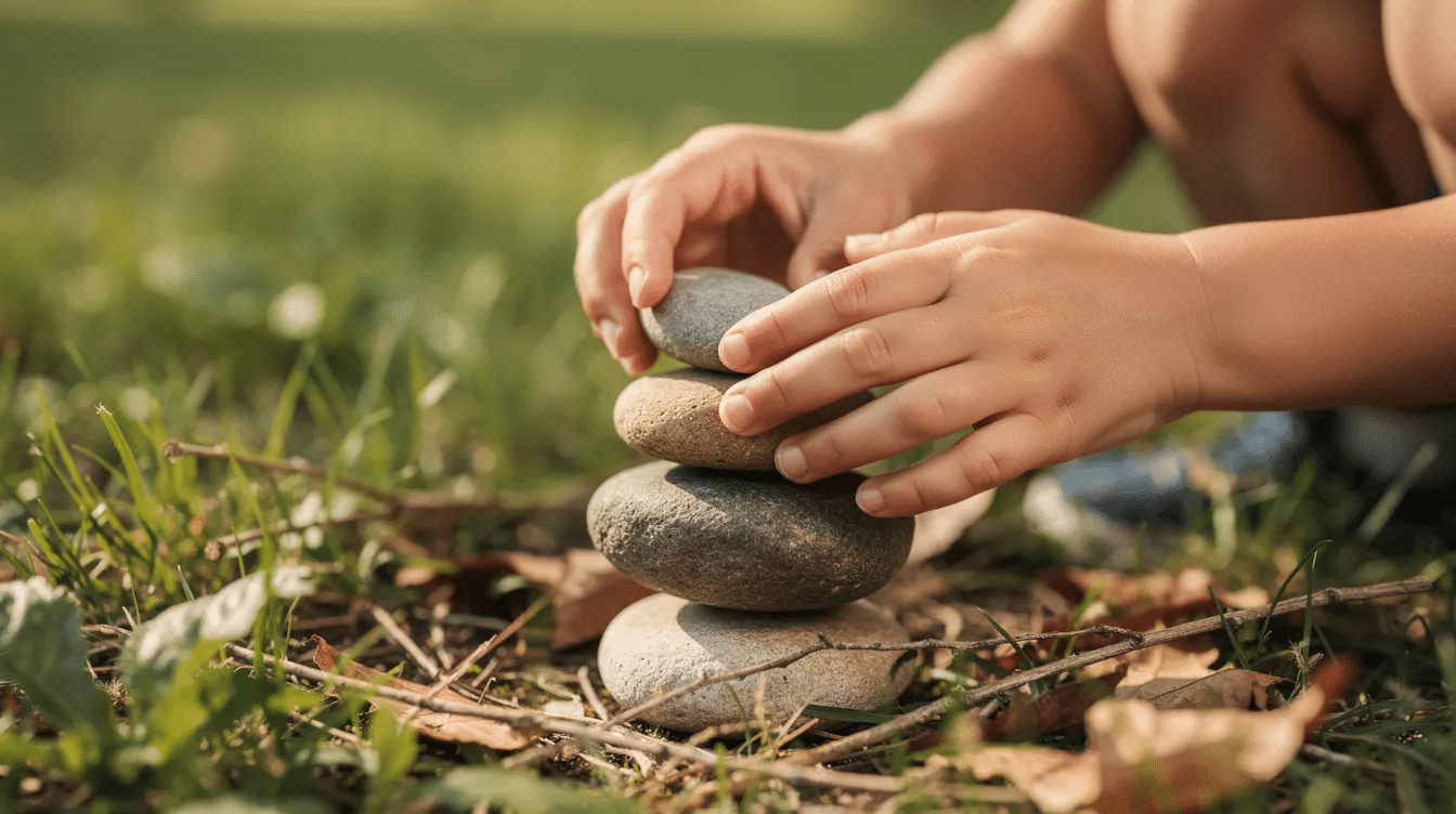 88f1a426-29c5-4d19-886a-4fffe98cffbd A child's small hands are carefully stacking smooth rocks on a patch of grass, surrounded by scattered leaves and twigs, showcasing a delightful nature craft activity. This scene highlights the joy of exploring natural materials and developing fine motor skills outdoors.