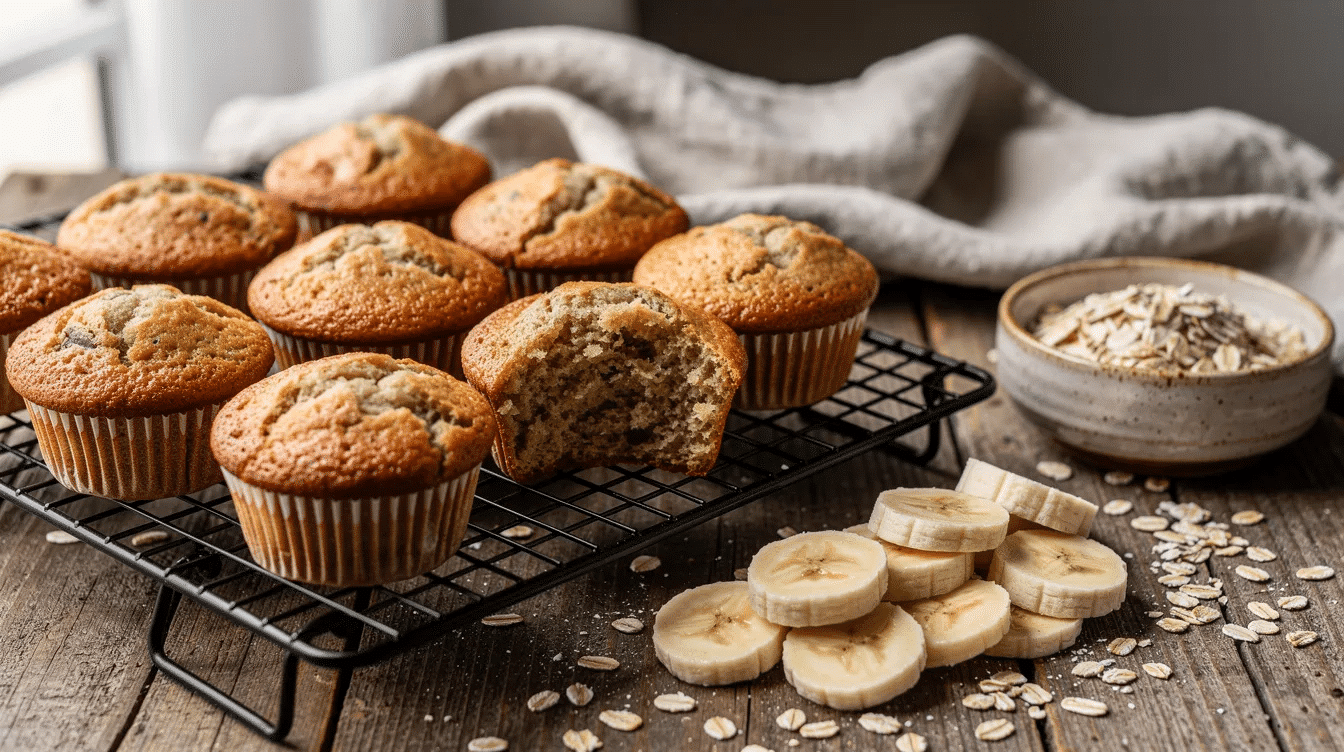 89076849-5c6e-4b12-ab0b-a46efc646e96 The image features soft banana oat muffins cooling on a wire rack, surrounded by sliced ripe bananas and rolled oats, showcasing a delicious and healthy treat perfect for toddlers. These homemade muffins are made with wholesome ingredients like mashed bananas and oats, making them a great snack for the whole family.