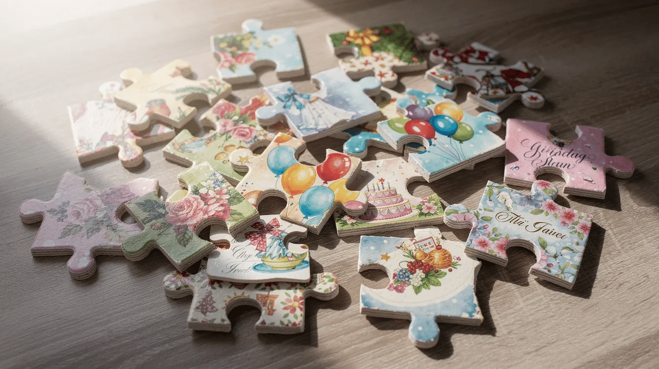 896f4487-0e61-4504-9e0c-b69631916fed The image features colorful handmade puzzle pieces crafted from old greeting card fronts, showcasing various patterns and designs. This creative project highlights eco-friendly ways to repurpose greeting cards, making it a fun and engaging activity for kids.
