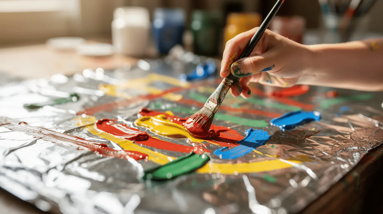 8acbfb01-f719-49d2-bb47-3b7546700b2c A close-up image shows a child joyfully painting on a shiny foil canvas with colorful acrylic paint, surrounded by art supplies like glitter glue and permanent markers. The child's little hands are covered in paint, showcasing the fun and creativity involved in this tin foil art project.