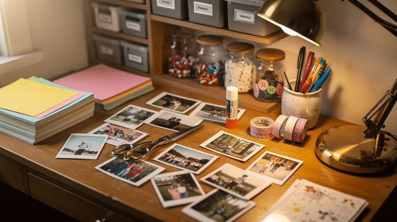 8b41623a-0f16-478b-a855-c105f489e4ff The image depicts a small craft workspace filled with scrapbook supplies, including stacks of patterned paper, printed photos, scissors, and a lamp, all arranged to inspire creativity. This cozy setup is perfect for beginners looking to start their scrapbook journey, with essential tools for creating beautiful scrapbook pages and preserving memories.