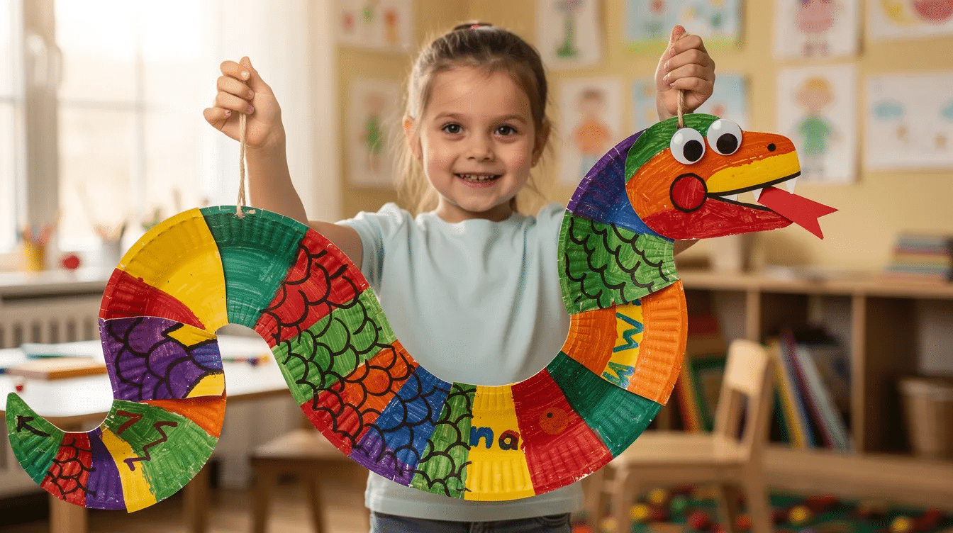 8bfd6215-e426-403b-9127-16b8ef2dbb80 A child is joyfully holding a colorful hanging paper plate snake craft, featuring a vibrant spiral shape with a painted green snake's head and two googly eyes. The craft showcases the child's creativity and fine motor skills, making it a fun and engaging paper plate animal craft for kids.