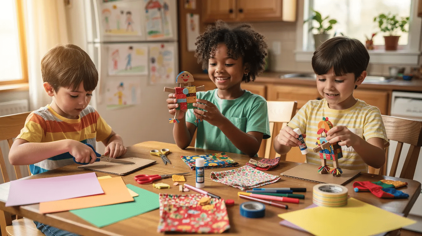 8d6b86aa-c1b7-4224-87a2-b56a6f2b1dfd A group of children are gathered around a kitchen table, joyfully creating colorful toys from recycled materials like cardboard and fabric. They are using items such as toilet paper rolls and bottle caps to build imaginative shapes, showcasing their creativity and teamwork in this fun DIY project.