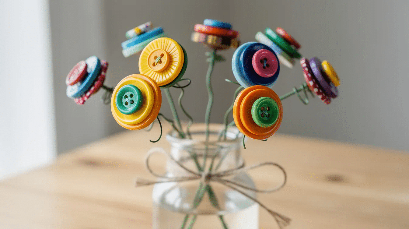 914a89bb-83b3-43d4-8cab-29ccc27844f2 The image features button flowers crafted from stacked colorful buttons and floral wire, arranged in a small vase, showcasing a vibrant and creative button art project. This delightful display highlights the charm of old buttons and offers a cute idea for a craft project or a unique gift.