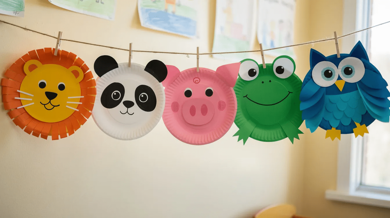 919b6e69-5621-4b91-a90a-f1a42862731a The image features several colorful paper plate animal crafts hanging together, including a vibrant paper plate snake with a spiral shape, adorned with googly eyes and a playful tongue. These fun paper plate crafts showcase creativity and fine motor skills, making them perfect for kids to enjoy and decorate.