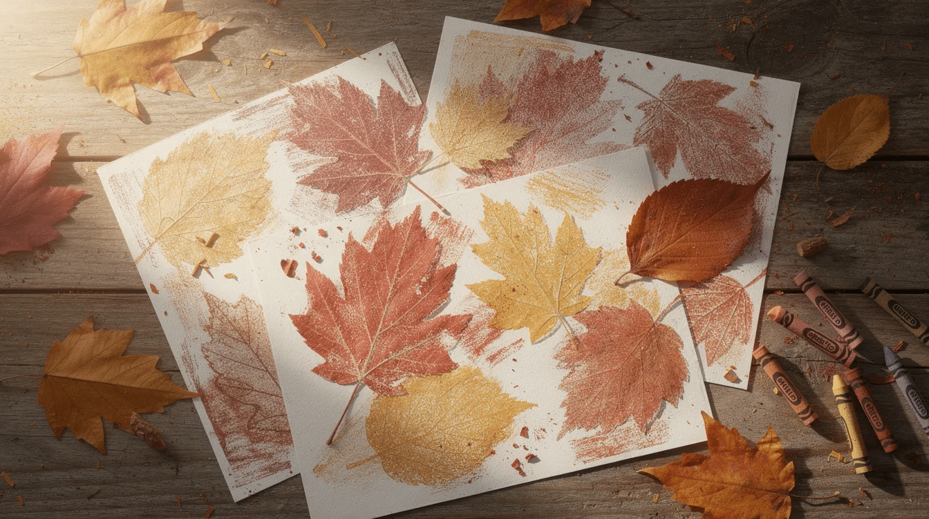 91c0013d-717c-4e58-83da-1a03ed6b28e6 The image shows a finished leaf rubbing collage featuring vibrant autumn colors, displayed on a craft table. The collage includes various leaf shapes and textures created with crayons and watercolor paint, showcasing the fun and creativity of leaf rubbings for kids.