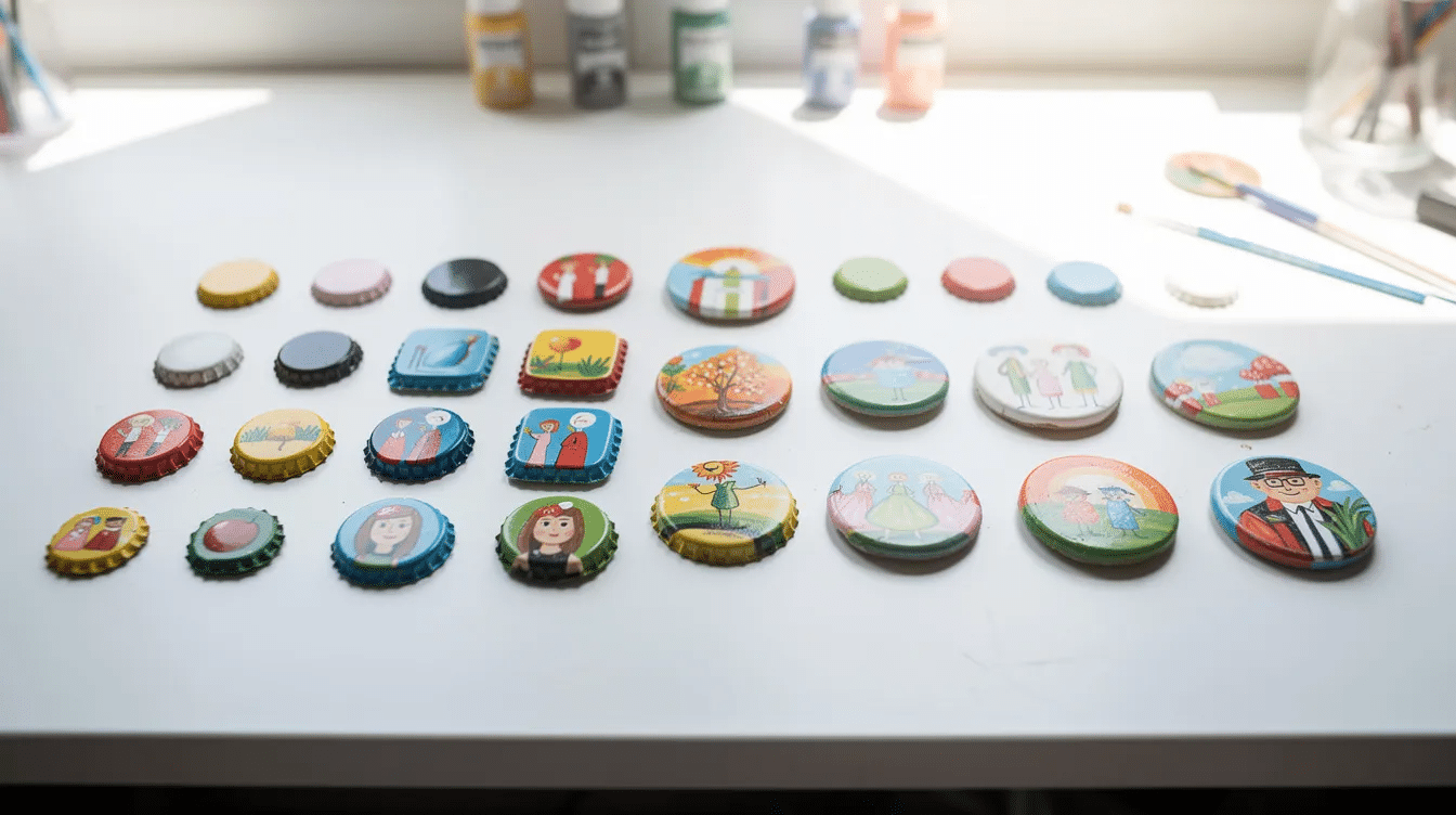 91ecc833-a31f-4c61-a0a9-07295812cb7f The image showcases a collection of finished bottle cap crafts, including colorful ornaments and creative DIY projects, neatly arranged in a bright and inviting craft space. Various plastic and metal bottle caps are transformed into fun decorations, inspiring kids and adults alike to explore easy bottle cap craft ideas.