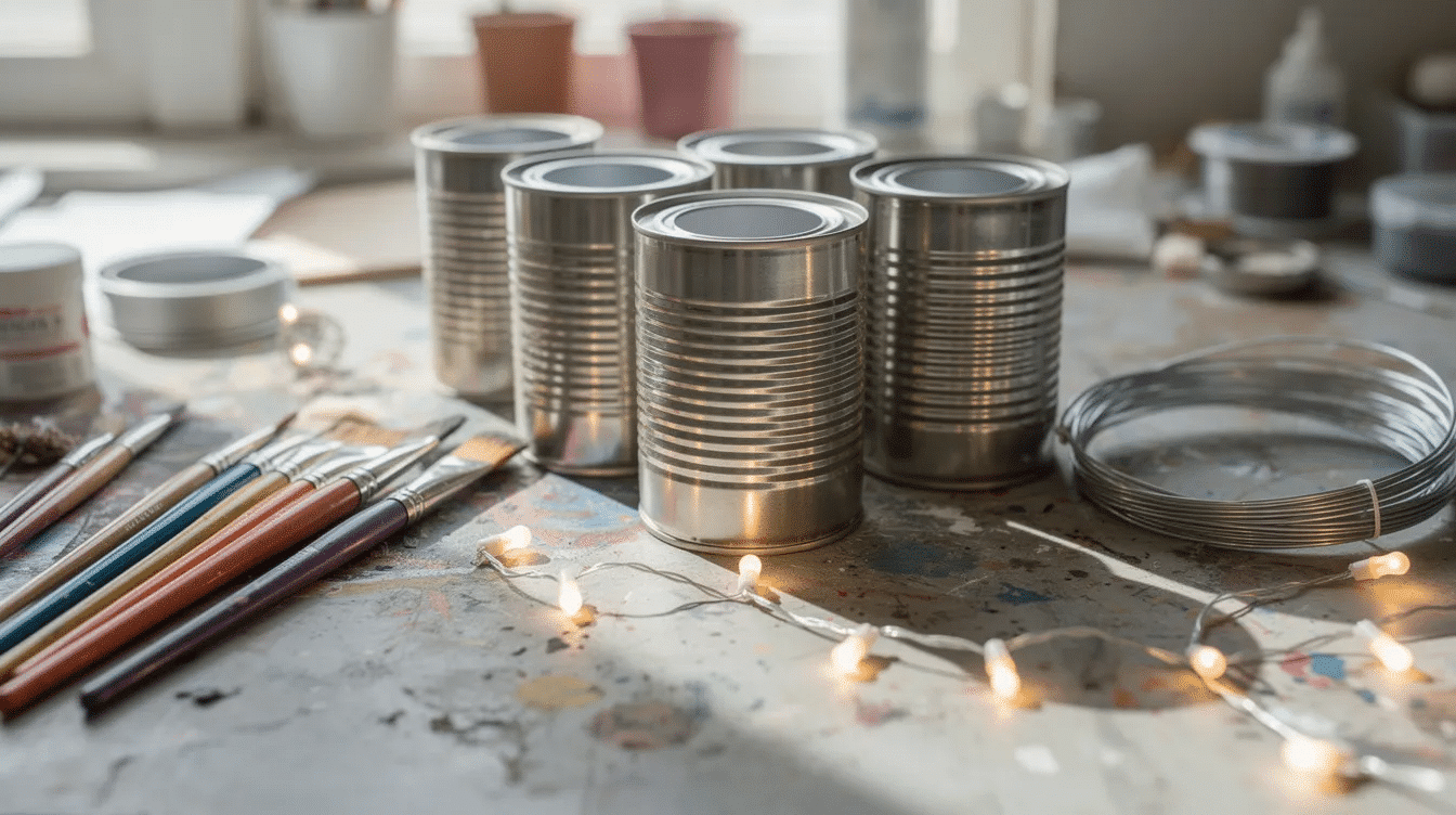 924f3949-8b9d-45fa-8db8-435b7317abe1 The image features a craft table filled with clean tin cans, paintbrushes, and wire, alongside small battery-operated tea lights ready to be used for creating charming tin can lanterns. This setup showcases materials for a fun project where kids can design their own lanterns with different shapes and patterns.
