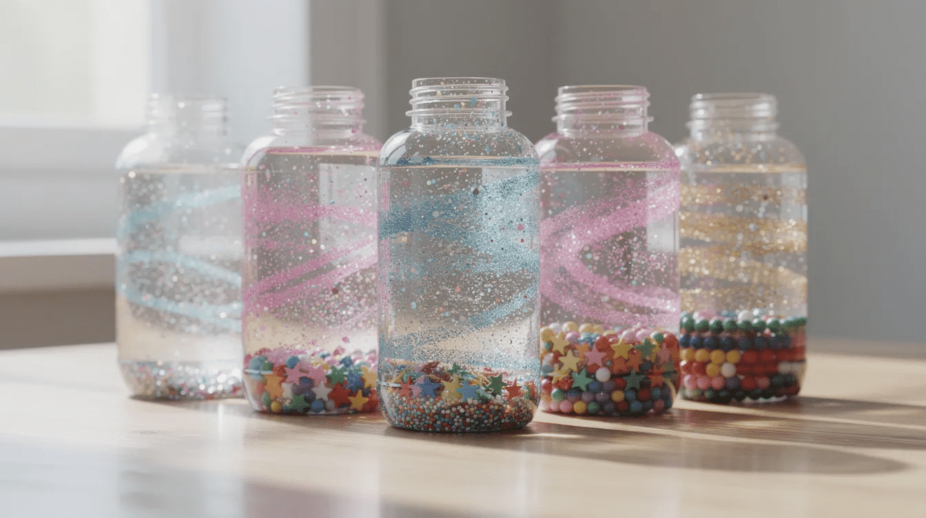 93080b32-ff59-47c1-abd0-47cf95ed22a4 The image shows a collection of clear plastic sensory bottles filled with colorful glitter and beads, arranged on a table. These DIY sensory bottles are designed for toddlers, providing engaging sensory input through the vibrant materials inside.