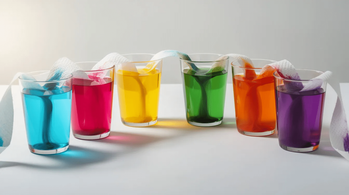 9435ea33-3f4c-4b5f-8fc9-a3082cebe04b The image shows clear cups filled with colorful water, connected by paper towels, demonstrating a fun science experiment that explores color mixing and capillary action. This engaging activity encourages little scientists to observe how the colors swirl and travel through the paper towels, fostering critical thinking and scientific inquiry.