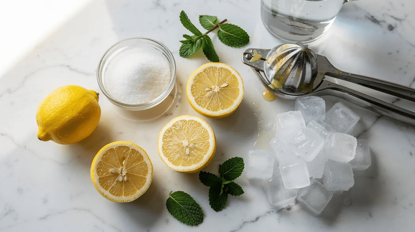 95579cbd-f6f1-44a6-ae02-beaff209d91f The image features fresh lemons, a citrus juicer, granulated sugar, a glass of cold water, fresh mint, and ice cubes neatly arranged on a kitchen counter, all essential ingredients for making a homemade lemonade recipe. This setup suggests a refreshing drink preparation, perfect for a hot summer day.