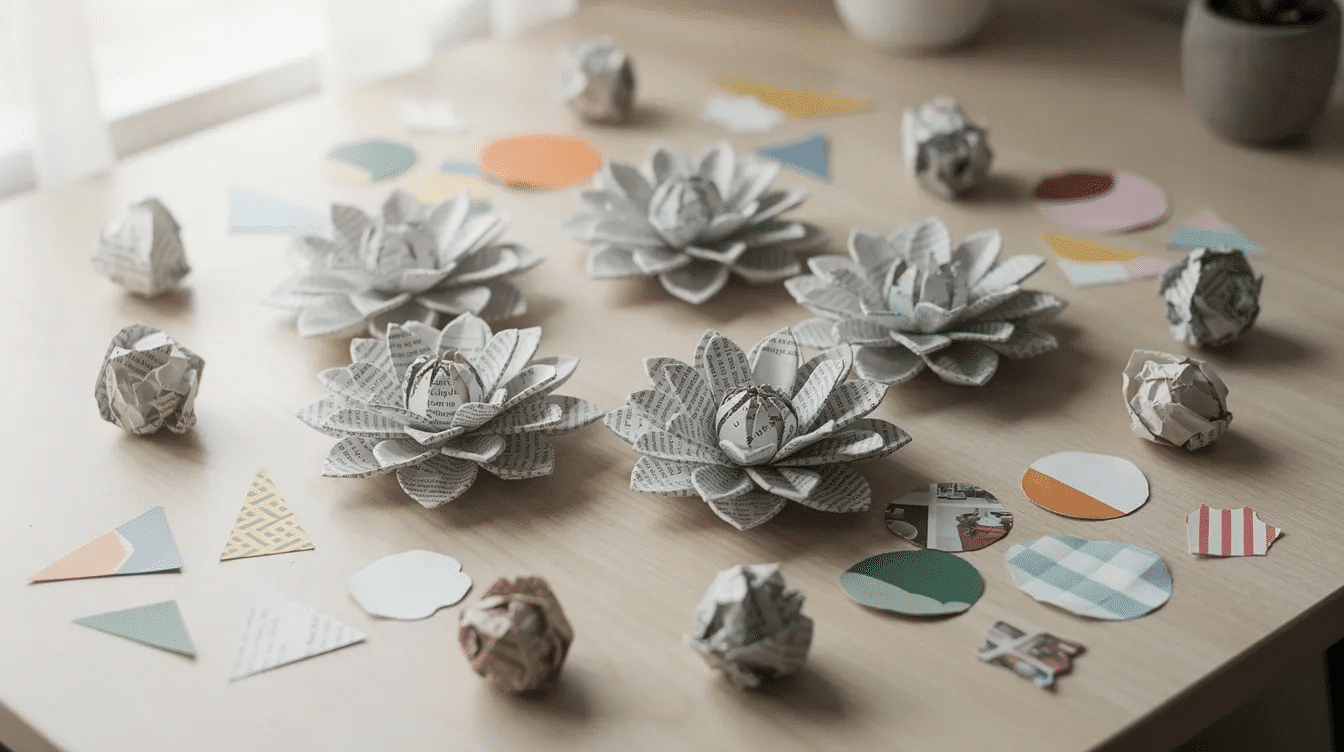 95a6ec22-e52f-4f50-8914-cd6d8d1016d5 A colorful arrangement of finished newspaper flowers, collage shapes, and crumpled paper balls is displayed on a table, showcasing a fun and creative project for preschoolers using recycled materials. The vibrant pieces highlight the joy of newspaper crafts and encourage kids to explore their artistic talents.