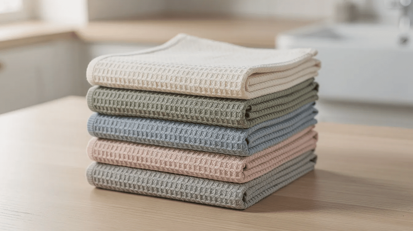 95c63223-3c50-40a5-96be-5be5a2274ffd A stack of reusable cotton dishcloths in soft kitchen colors is displayed, showcasing a variety of crochet stitch patterns. These easy crochet dishcloths, made from favorite cotton yarns, make perfect gifts for housewarmings or as hostess gifts.