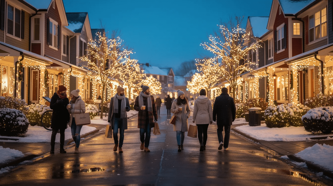95f88162-6f67-4238-9d46-50ecdb2ac710 A group of people stroll through a neighborhood adorned with vibrant winter lights, capturing the festive holiday spirit. The cheerful decorations create a warm atmosphere, perfect for enjoying the upcoming holiday season with friends and family while keeping holiday spending in check.