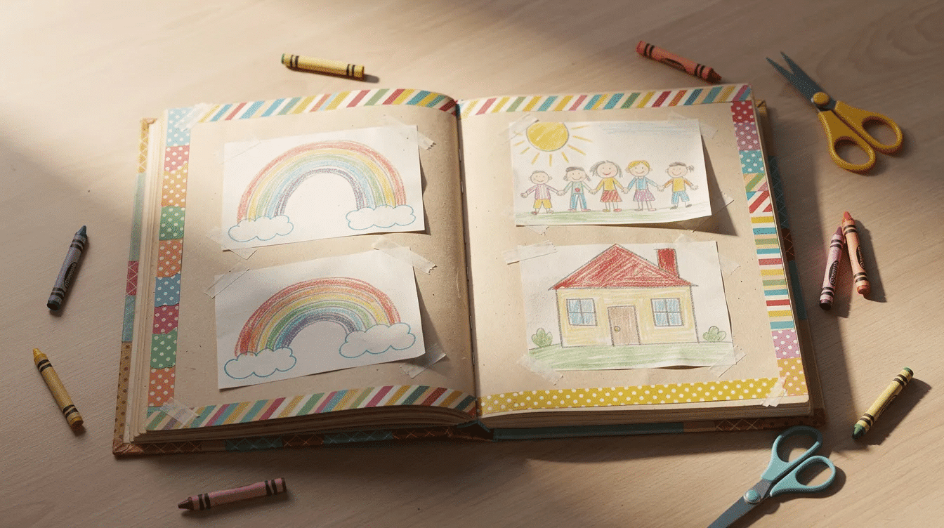 970297c3-476b-4a7e-9b4f-6c5e2a4a8b91 An open scrapbook displays colorful washi tape securing children's drawings, showcasing their favorite pieces of art from the school year. This creative project is a perfect way for families to treasure and display their kids' masterpieces and special events.