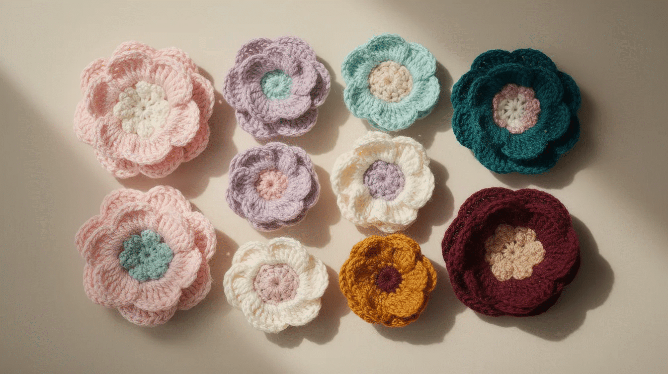 98c4facb-4f5f-4f45-bff1-e546ab74c7a0 The image showcases a collection of finished crochet flowers in various vibrant yarn colors, each with six petals, highlighting simple and easy designs perfect for beginners. These crochet flowers represent fun craft projects that can be created using basic stitches like single crochet and slip stitch.