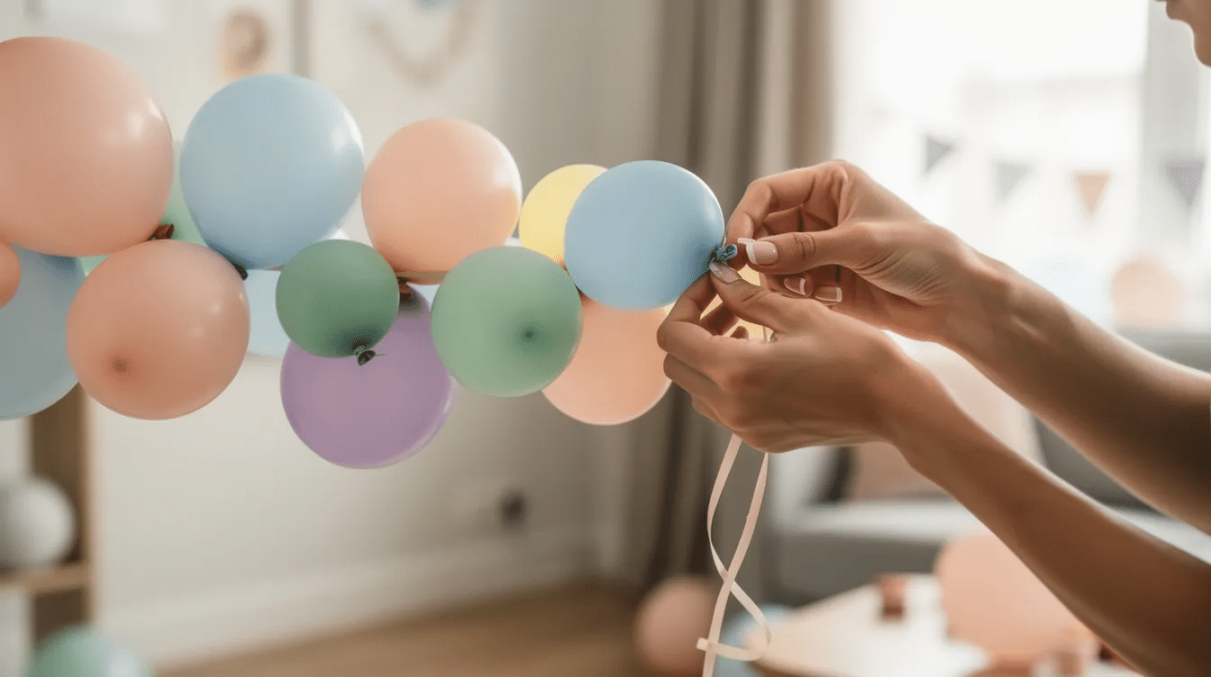 99c9209f-5734-4ec3-add7-27e724f0e574 A pair of hands is tying together pastel balloons to create a beautiful balloon garland for a home party, showcasing simple balloon decoration ideas. The arrangement adds a festive touch, perfect for celebrations like birthdays or baby showers.