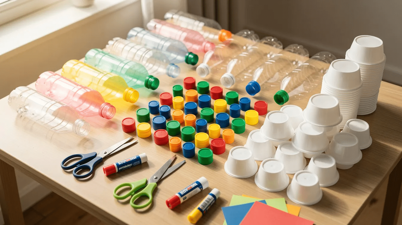 99ca239c-3784-44ee-9989-e2e12b6f9128 An assortment of plastic bottles, caps, and yogurt cups is creatively arranged for a children's craft project, showcasing recycled materials that inspire imaginative DIY toys. This vibrant display encourages kids to explore fun and easy activities using everyday items to create new things.