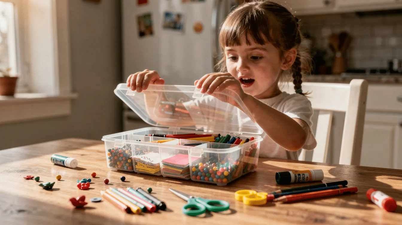 9e7677fa-8439-4ae1-883f-eaa5d8706fb8 A little girl is excitedly opening a clear craft box filled with colorful craft supplies at a kitchen table, ready to explore fun kids crafts and creative projects. The scene captures a moment of joy as she prepares to create with items like stickers, googly eyes, and paint, making it a great idea for a kids craft kit at home.