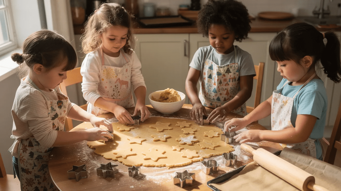 a03ccb50-c6bb-4c95-b94b-41e9b531706f In the image, children are joyfully cutting gingerbread shapes from rolled dough on a kitchen table, surrounded by cookie cutters and flour. The scene captures the fun and creativity of baking traditional gingerbread cookies, perfect for the holiday season.