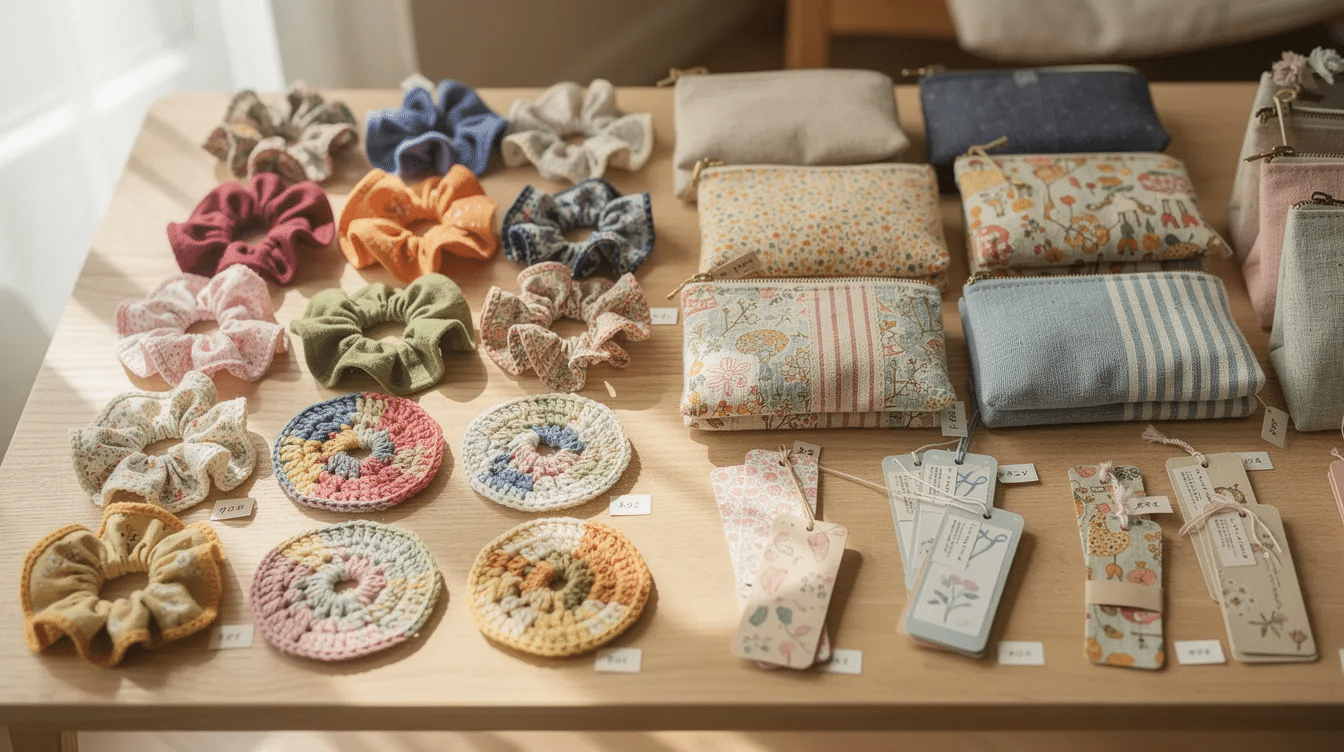 a1150278-e367-4ee4-b4da-e13b3250c899 A collection of finished handmade items, including scrunchies, coasters, pouches, and bookmarks, is neatly arranged on a table, showcasing creative projects made from leftover fabric scraps. These small accessories highlight the fun and resourceful ways to use fabric waste in easy sewing projects.