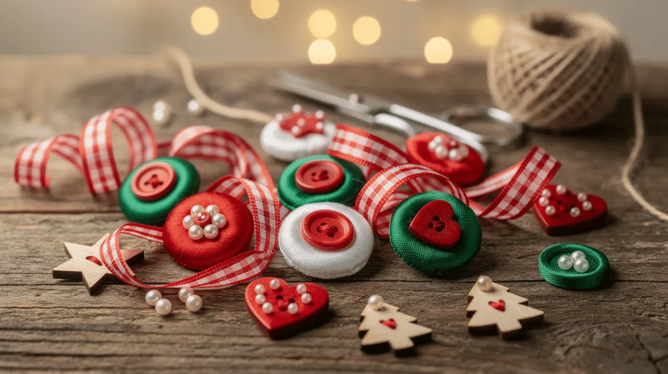 a2ea0f4b-9efc-4781-9346-0ad748f0ebb1 The image depicts a charming holiday craft scene featuring colorful button ornaments, including gorgeous vintage buttons and pearl buttons, alongside ribbons and wooden decorations. This festive display highlights a fun project idea for creating unique button art that adds a delightful touch to home decor.