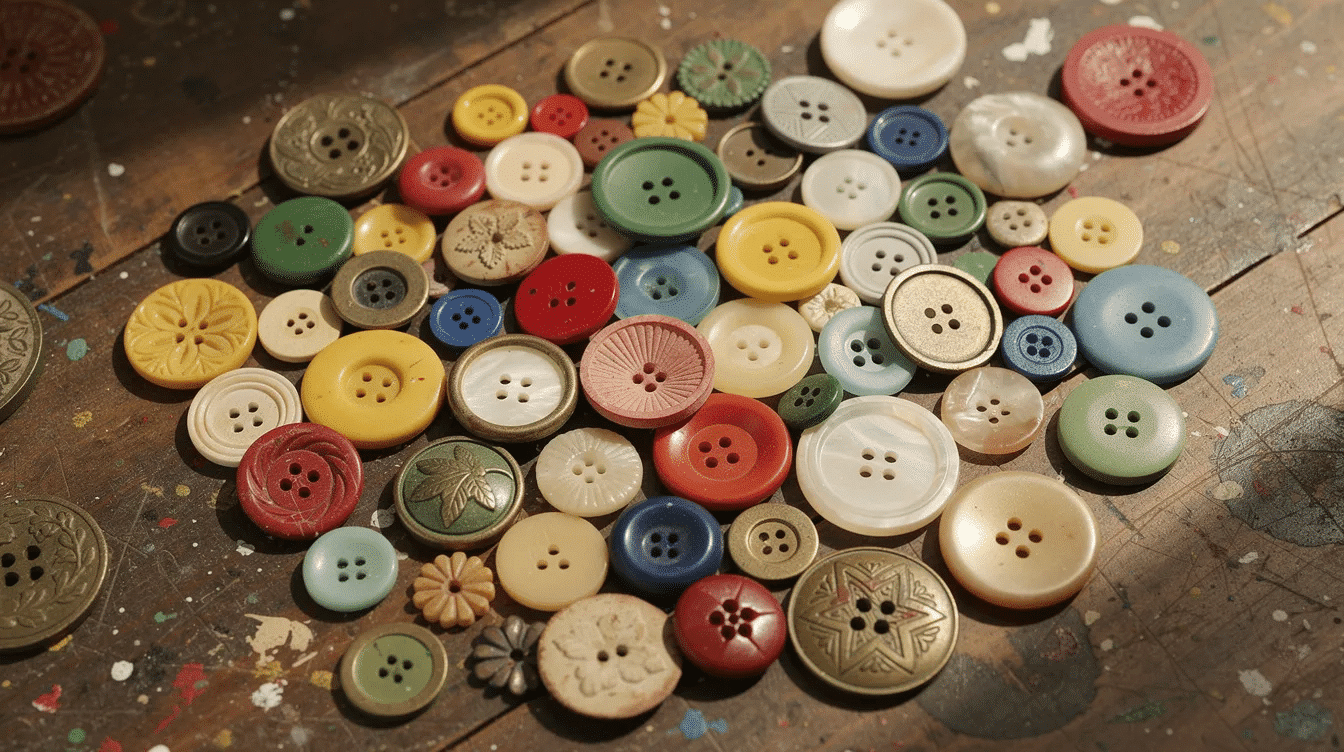 a41671ee-27e9-4506-820c-0fca26269883 The image features a vibrant assortment of gorgeous vintage buttons, showcasing a variety of shapes and colors, spread across a wooden craft table. This delightful collection of colorful buttons can inspire creative button crafts, perfect for projects like button flowers or unique jewelry.