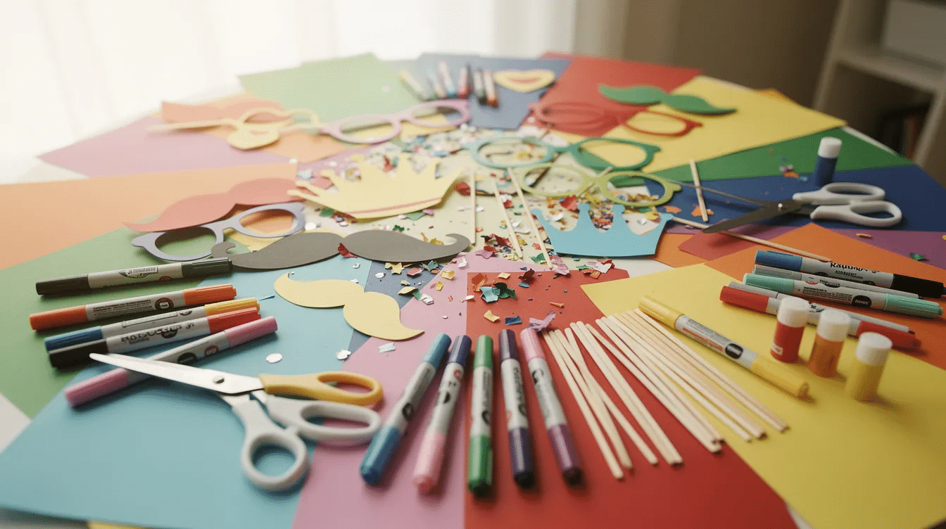 a48bb788-75dc-453f-aa1a-a707cc3eeefb A vibrant kids' party craft table is filled with colorful paper props, scissors, markers, and wooden dowel rods, inviting creativity for DIY photo booth props. This setup encourages children to create fun photo booth pictures and memorable keepsakes for their birthday party celebration.