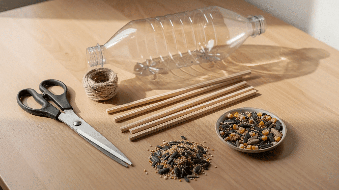 a5c9c02b-379b-4786-83e5-0c5ac9cb7cb4 A clean plastic bottle sits on a table alongside scissors, twine, sticks, and bird seed, ready to be transformed into a DIY bird feeder. The materials suggest a fun project to create a new feeder for local birds, with the bottle prepared for feeding holes and drainage.