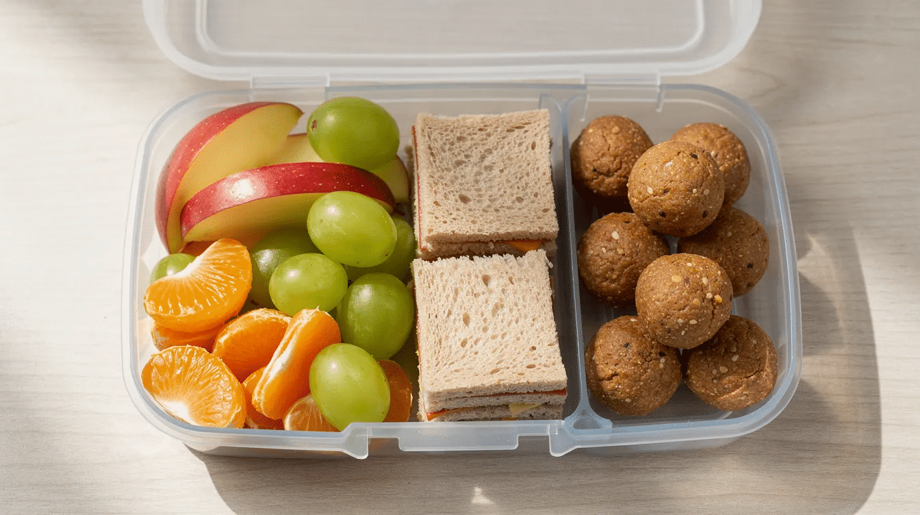 a67aad03-4c1f-4d38-b1c0-a728e1ba5682 The image shows a colorful lunchbox filled with healthy snacks, including fresh fruit, sandwich pieces, and delicious peanut butter balls made with natural creamy peanut butter and rolled oats. This nutritious school snack is perfect for kids, providing energy and flavor for their day.