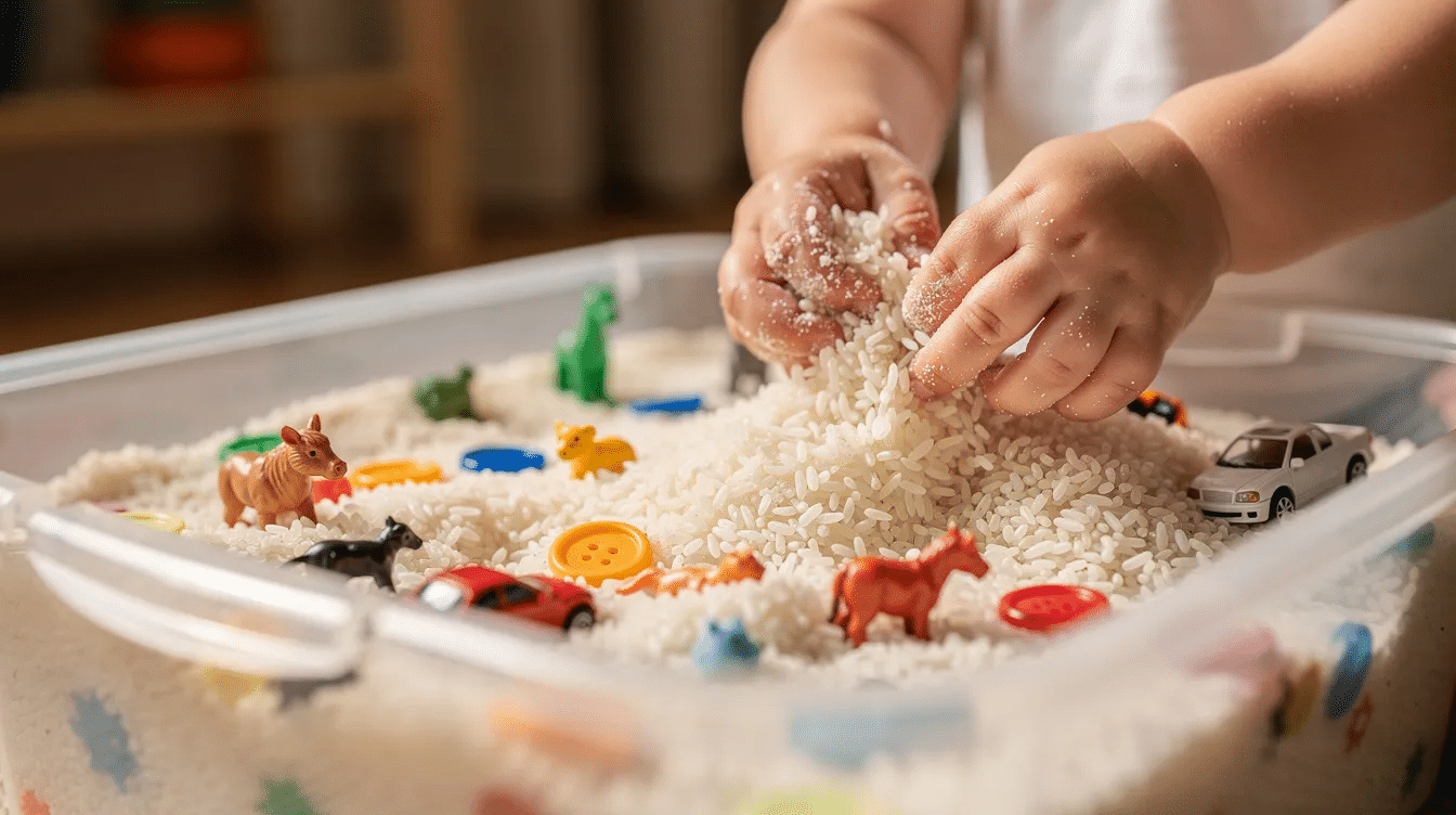 a68ae04a-98a2-4263-b4f5-a3fa38b1b3a3 A toddler's hands are busy scooping colorful rice and small toys from a clear plastic sensory bin, creating a fun sensory experience that engages their fine motor skills and curiosity. The bin is filled with various textures and items, encouraging open-ended play and exploration.