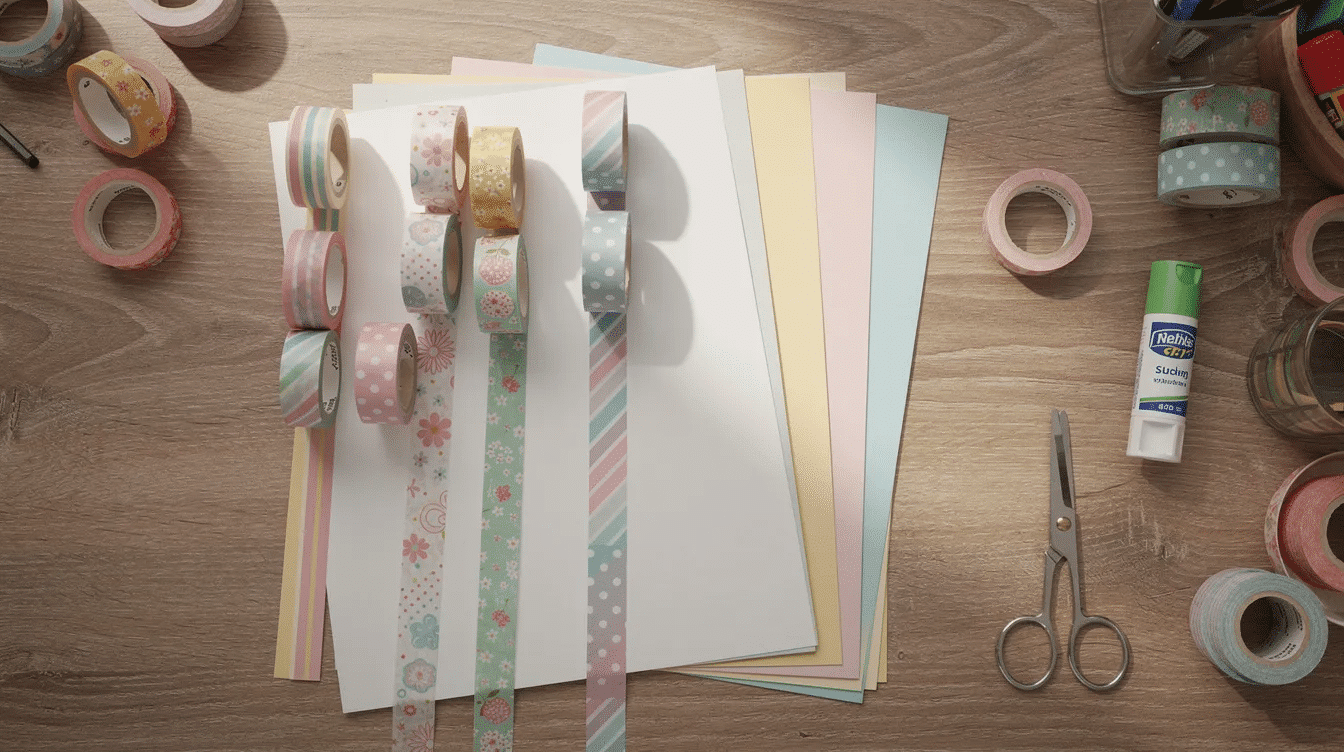 a865f61c-6a68-4cab-93cc-e8cbbaedf118 The image shows a vibrant assortment of colorful rolls of washi tape alongside sheets of plain wrapping paper, scissors, and various craft supplies arranged on a table, ready for fun washi tape crafts for kids. The decorative adhesive tape features intricate designs and fun colors, perfect for creating unique art projects and temporary decorations.